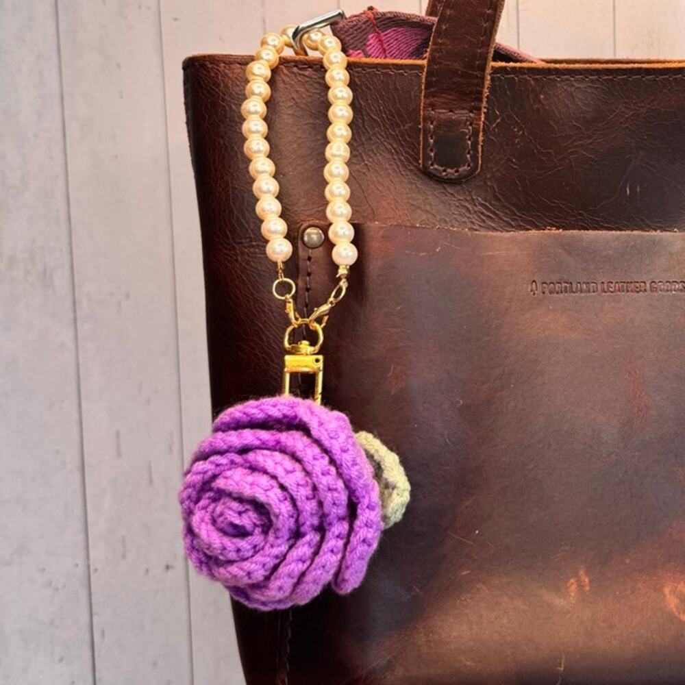 Crochet Purple Flower Bag Charm Crochet Pearl Purple Rose Pearl Wristlet NEW!